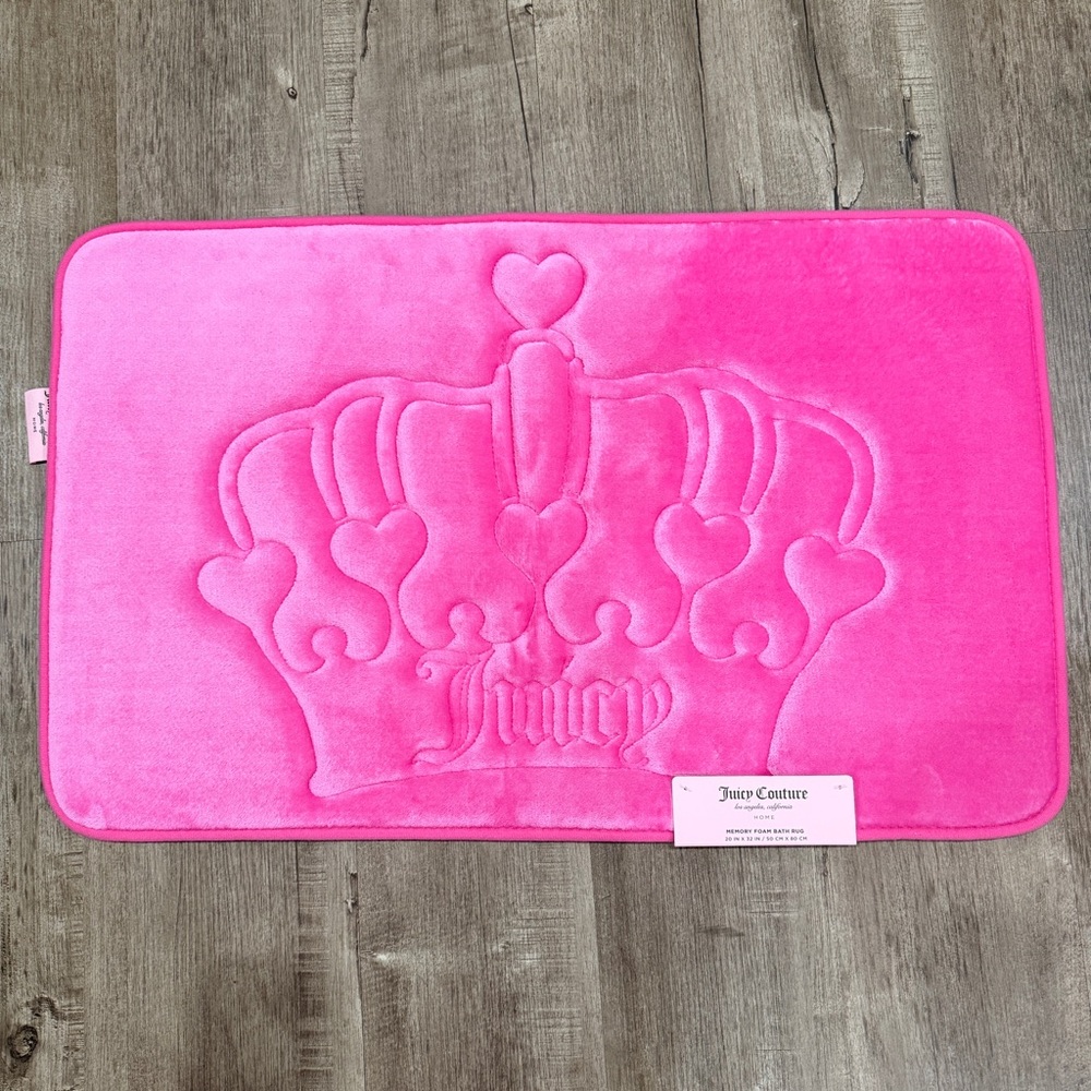 NEW Juicy Couture Hot Pink Memory Foam Bath Rug Crown Heart Embossed 20x30